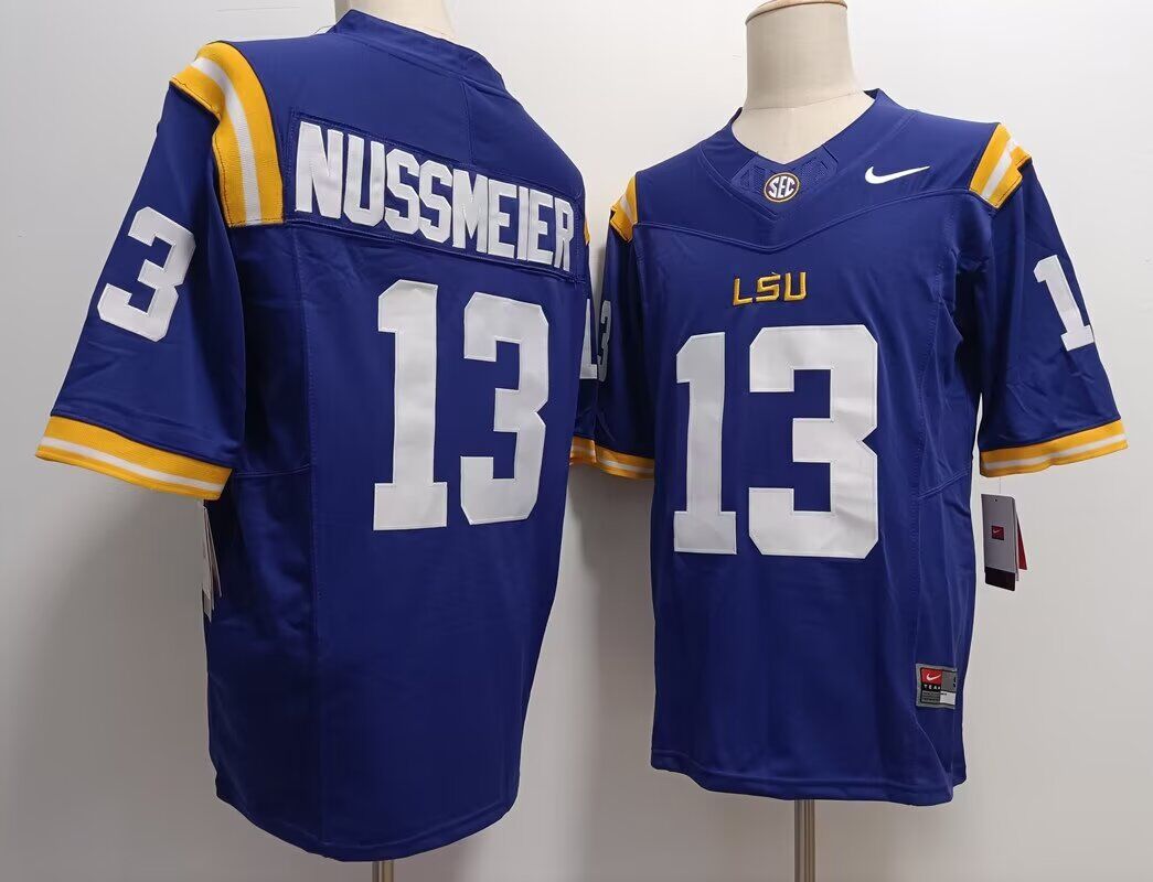 NCAA Men LSU Tigers13 Garrett Nussmeier blue jerseys